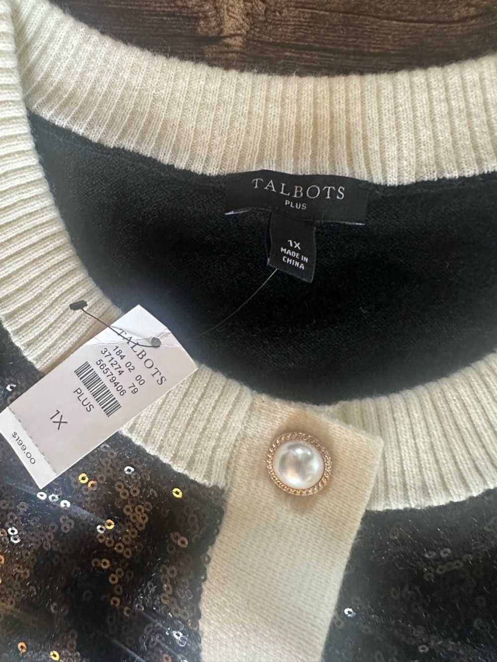 Talbots Black Sequin Crewneck Cardigan with Cream Trim - Picture 5 of 9